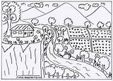 Pemandangan Putih Mewarnai Diwarnai Menggambar Rumah Pegunungan Gunung Sawah Sungai Pantai Dicontoh Kunjungi sketch template