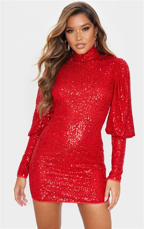 red sequin puff sleeve bodycon dress prettylittlething