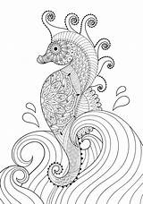Coloring Adult Sea Horse Hand Waves Zentangle Artistic Drawn Mexican Doodle A4 Printable Print sketch template
