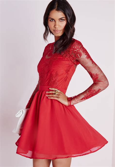 Missguided Premium Lace Long Sleeve Skater Dress Red Lyst