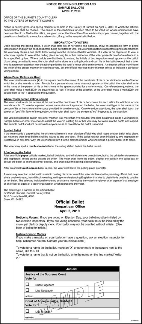 notice of spring election and sample ballots april 2 2019 burnett