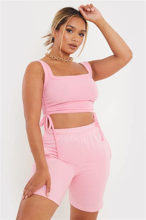pink rib tie ruched crop top in the style ireland