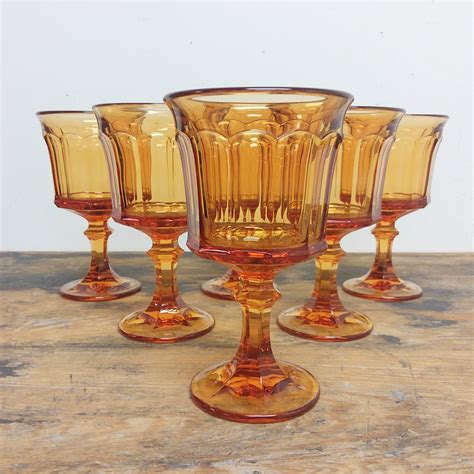 6 Amber Water Glass Goblets Entree By Oneida Pressed Patterned