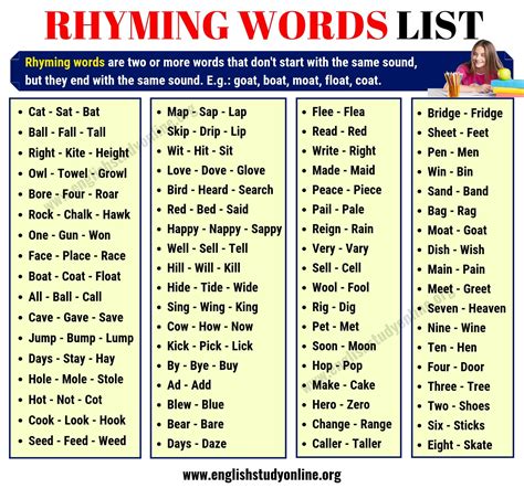 rhyming words list   interesting words  rhyme  english