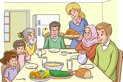 happy big family eating dinner  vector illustration