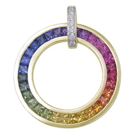 rainbow sapphire diamond large circle pendant  yellow gold ct tw
