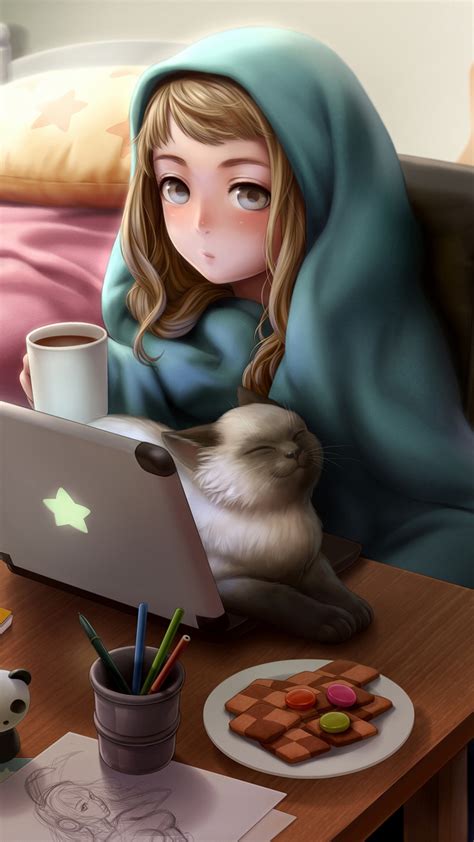 Cute Anime Girl Use Laptop Cat Room Iphone X 8 7 6 5 4