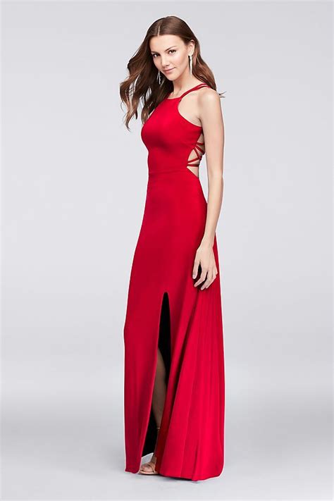 jersey gown  strappy open   high neck davids bridal necklines  dresses event
