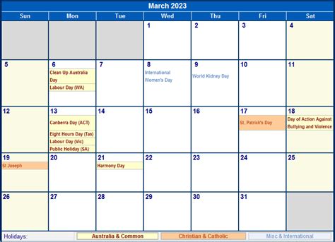 march  australia calendar  holidays  printing image format