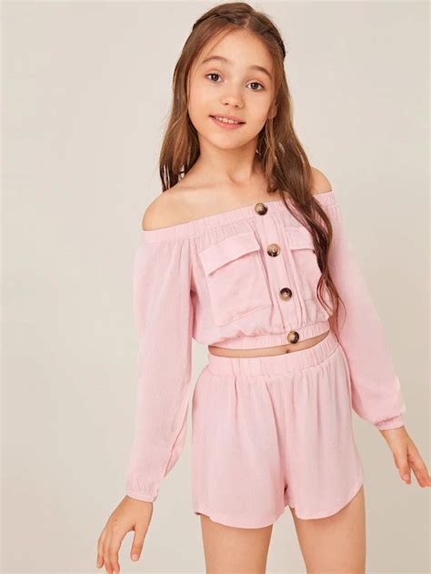 Shein Girls Flap Pocket Button Bardot Crop Top And Shorts Set Tween