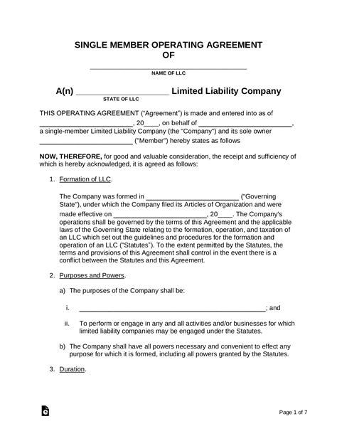 printable single member llc operating agreement template  printable templates