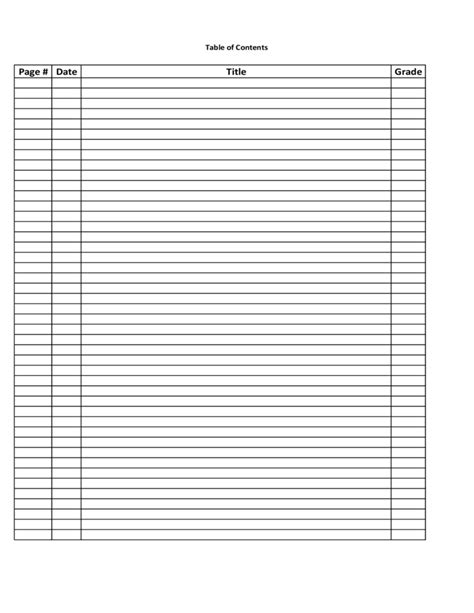 blank table  contents template    blank table