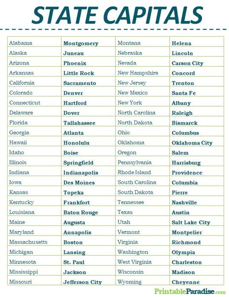 printable list   state capitals states  capitals state capitals list general