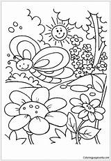 Coloring Spring Pages Kids Printable Print Sheets Beautiful Boyama Color Kelebek Scene Climate Flower Sayfası Springtime Garden Preschool Butterfly Cartoon sketch template
