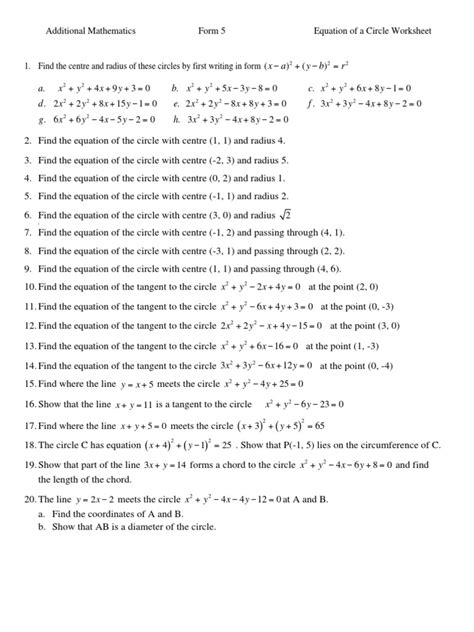 equation   circle worksheet