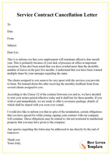 service contract cancellation letter    letter template