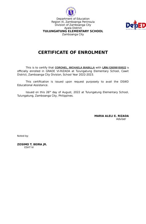 cert sample certificate  enrolment department  education