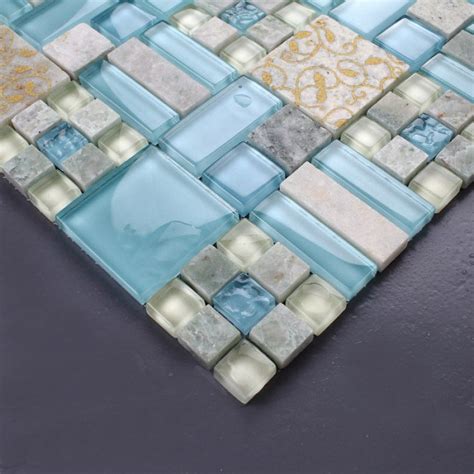 Backsplash Tiles Kitchen Blue Glass And Stone Blend Mosaic Natural Marble