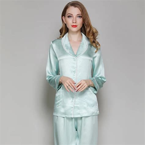 elegant luxury silk pajamas  womennew solid green pyjamas women full sleevelounge pajama