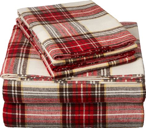 amazoncom pinzon plaid flannel bed sheet set queen cream  red
