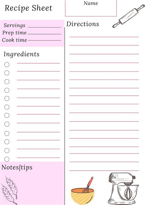 recipe sheet printable template   happy size planner etsy