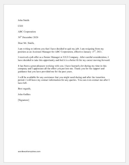 quitting  job letter  letter template collection