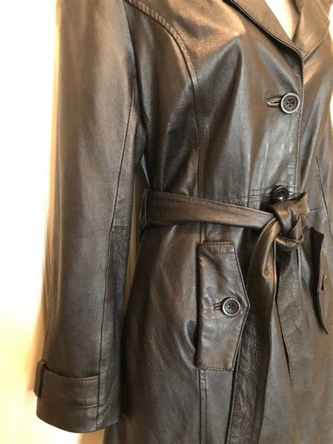 Vintage Womens Black Leather Coat ~ Medium ~ Mid Length ~ Tie Front