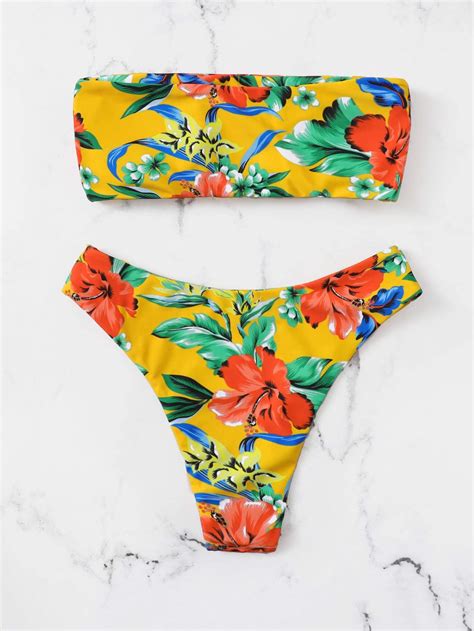 random tropical bandeau with high leg bikini swimwear beachwear