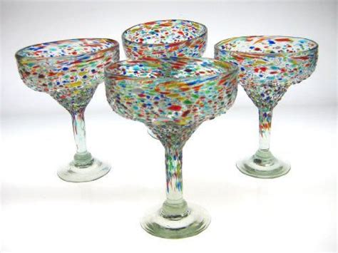 Set Of 2 Hand Blown Mexican Margarita Glasses Confetti And