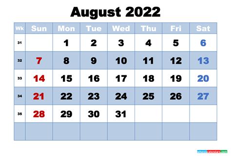 august  calendar  holidays printable