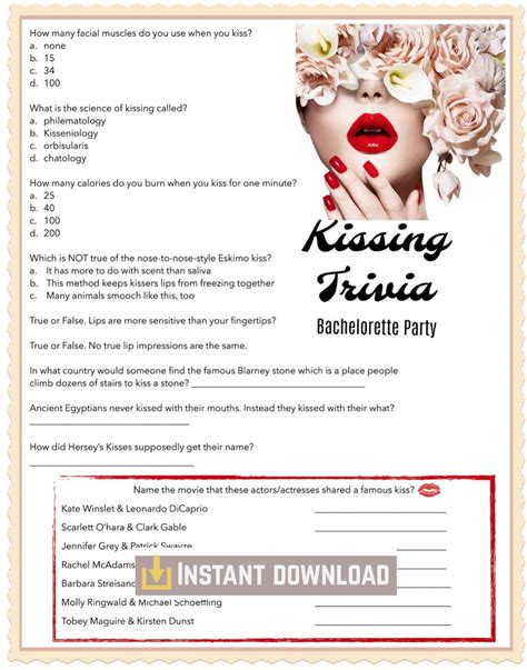 Bachelorette Party Game Kissing Trivia Instant Download By