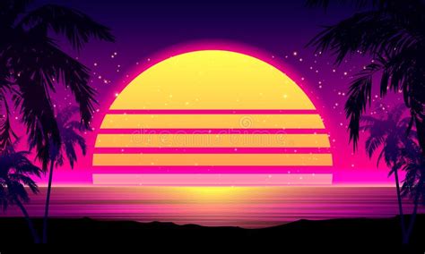 retro 80s style tropical sunset with palm tree stock