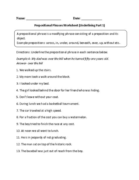 prepositions worksheets underlining prepositional phrase worksheet