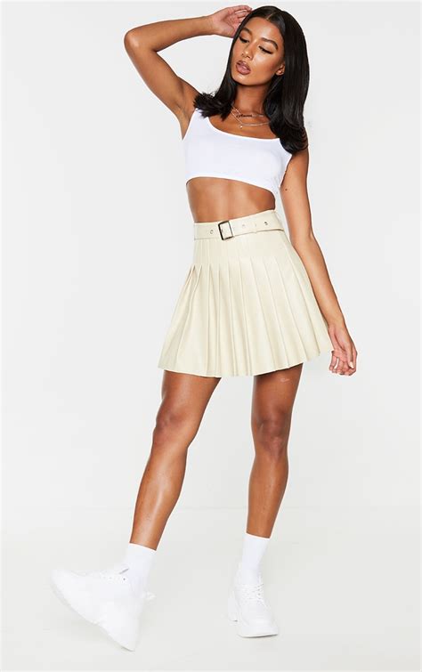 Cream Faux Leather Belted Skater Skirt Prettylittlething Usa