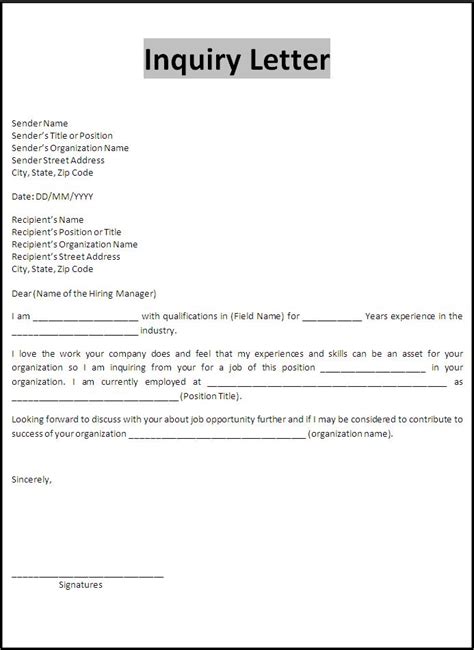 purchase inquiry letter  word templates