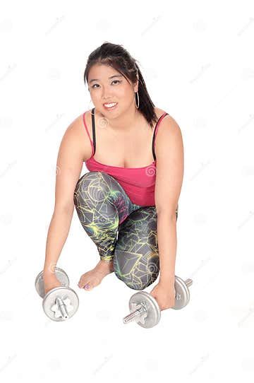 Pretty Asian Woman Kneeling With Two Dumbbells Stock Image Image Of