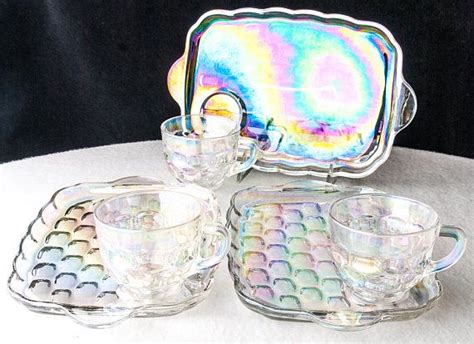 Tray And Cup Sets Pressed Glass Iridescent Federal Yorktown Etsy