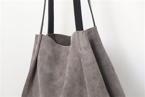 grey suede leather tote bag  minimalist simple  stylish high quality suede leather