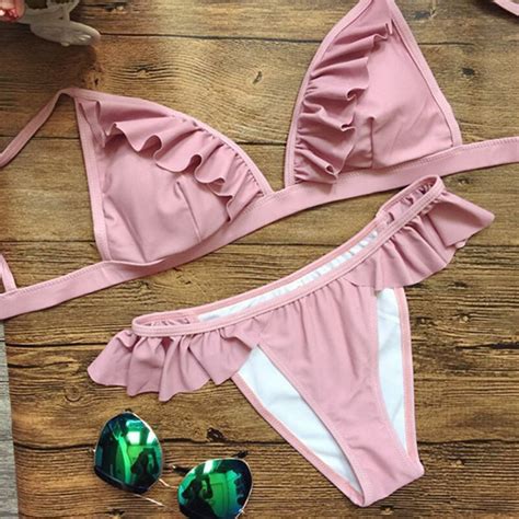 2017 sexy pink bikini set padded cami frilly high leg cut biquinis cute