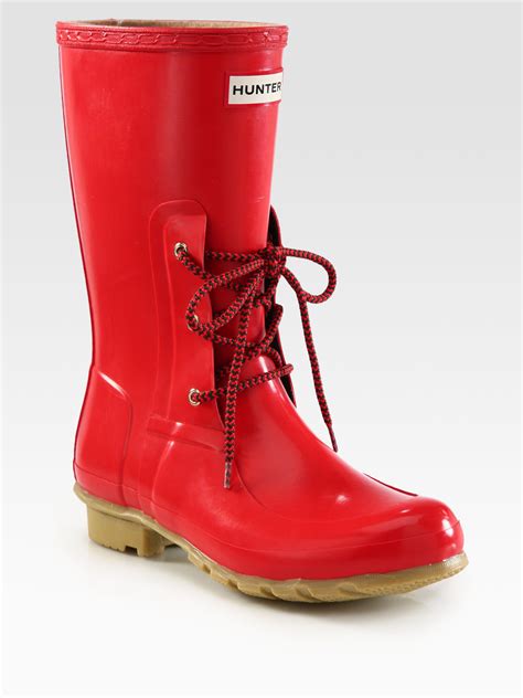 hunter rubber laceup rain boots  red lyst