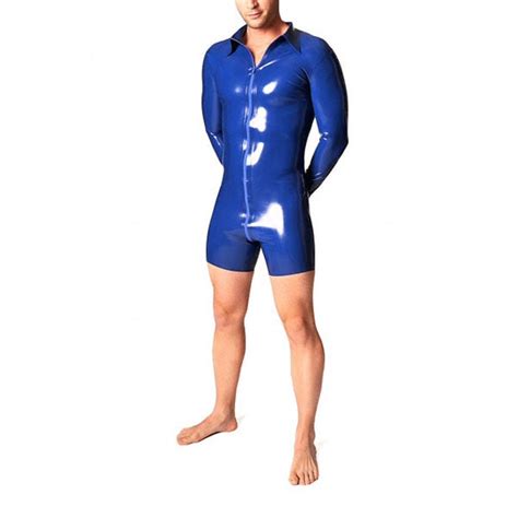 blue latex men s rubber suit sexy bodysuit latex handmade catsuit with