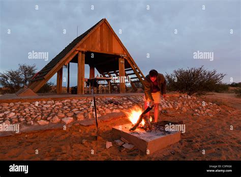 Africa South Africa Botswana Kalahari Mature Man Camping At