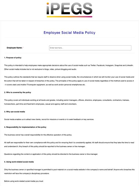 Employee Social Media Policy Template Electronic Forms By Ipegs Ltd