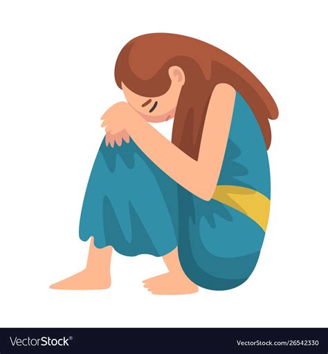 Depressed Girl Sitting On Floor Hugging Her Knees Vector Image