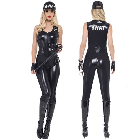 2018 Sexy Women Black Pu Leather Swat Sniper Jumpsuit Halloween Cosplay