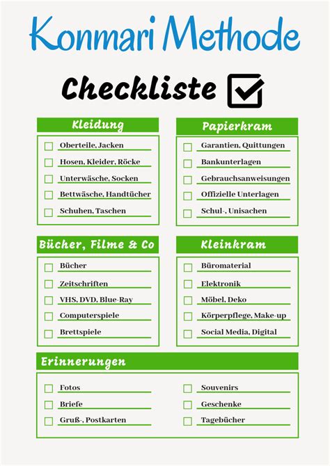 konmari methode checkliste abhaken nach kategorien konmari konmarickeckliste planer konmari