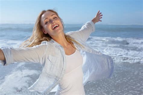 Gorgeous Blonde Spreading Arms Out At The Beach Stock Image Image Of