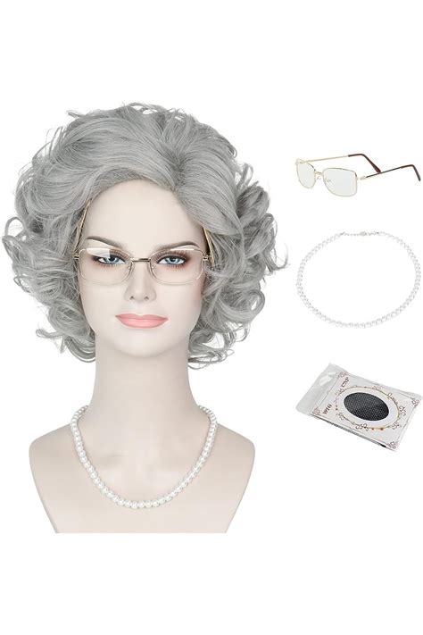 miss u hair old lady wig costume set grandma wig granny glasses pearl