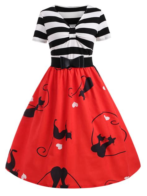 Kenancy Stripes Cats Printer Vintage Dress Halloween Women Retro Dress