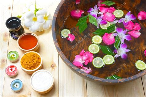 natural flowers   bowl spa treatments stock photo  oae